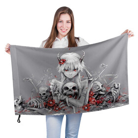 Флаг 3D с принтом Девушка с черепом в Белгороде, 100% полиэстер | плотность ткани — 95 г/м2, размер — 67 х 109 см. Принт наносится с одной стороны | девушка | демон | кости | красные цветы | с рогами | череп