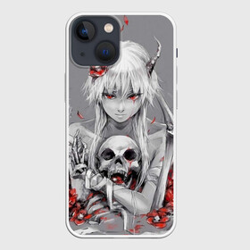 Чехол для iPhone 13 mini с принтом Девушка с черепом в Белгороде,  |  | девушка | демон | кости | красные цветы | с рогами | череп
