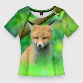 Женская футболка 3D Slim с принтом Лисенок в зеленом лесу в Белгороде,  |  | fox | foxy | животное | звери | лиса | лисенок | лисичка | милая | рыжая | фокс