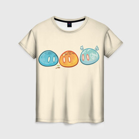 Женская футболка 3D с принтом Genshin impact Slime trio №1 в Белгороде, 100% полиэфир ( синтетическое хлопкоподобное полотно) | прямой крой, круглый вырез горловины, длина до линии бедер | colorful | cute | genshin impact | slime | геншин | геншин импакт | милота