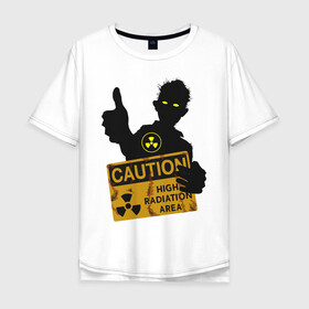 Мужская футболка хлопок Oversize с принтом зомби с табличкой в Белгороде, 100% хлопок | свободный крой, круглый ворот, “спинка” длиннее передней части | Тематика изображения на принте: зомби | лайк зомби | предупреждение | радиация | экология