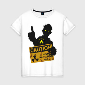 Женская футболка хлопок с принтом зомби с табличкой в Белгороде, 100% хлопок | прямой крой, круглый вырез горловины, длина до линии бедер, слегка спущенное плечо | Тематика изображения на принте: зомби | лайк зомби | предупреждение | радиация | экология