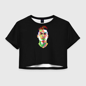 Женская футболка Crop-top 3D с принтом Paulo Dybala Pop Art в Белгороде, 100% полиэстер | круглая горловина, длина футболки до линии талии, рукава с отворотами | art | champion | dybala | football | form | institute | juventus | palermo | paulo | player | pop | soccer | uniform | дибала | институто | легенда | палермо | пауло | форма | футбол | футбола | футболист | чемпион | ювентус