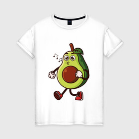Женская футболка хлопок с принтом Авокадо поет в Белгороде, 100% хлопок | прямой крой, круглый вырез горловины, длина до линии бедер, слегка спущенное плечо | avocado | cute | fruit | авокадо | милый | музыка | фрукт