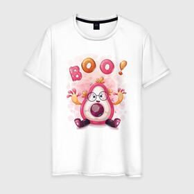 Мужская футболка хлопок с принтом Авокадо boo! в Белгороде, 100% хлопок | прямой крой, круглый вырез горловины, длина до линии бедер, слегка спущенное плечо. | avocado | boo | cute | fruit | авокадо | милый | музыка | фрукт