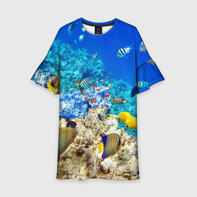 Детское платье 3D с принтом Морской мир в Белгороде, 100% полиэстер | прямой силуэт, чуть расширенный к низу. Круглая горловина, на рукавах — воланы | вода | море | морская вода | морские животные | морские жители | морской мир | океан | рыбки | рыбы