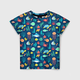 Детская футболка 3D с принтом Морские жители в Белгороде, 100% гипоаллергенный полиэфир | прямой крой, круглый вырез горловины, длина до линии бедер, чуть спущенное плечо, ткань немного тянется | водоросли | звезды | кораллы | крабы | медузы | море | паттерны | рыбы | черепахи