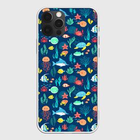 Чехол для iPhone 12 Pro с принтом Морские жители в Белгороде, силикон | область печати: задняя сторона чехла, без боковых панелей | Тематика изображения на принте: водоросли | звезды | кораллы | крабы | медузы | море | паттерны | рыбы | черепахи