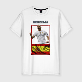 Мужская футболка хлопок Slim с принтом Карим Бензема (Реал Мадрид) в Белгороде, 92% хлопок, 8% лайкра | приталенный силуэт, круглый вырез ворота, длина до линии бедра, короткий рукав | Тематика изображения на принте: karim benzema | карим бензема | реал мадрид | флаг испании | футболист | футбольная форма