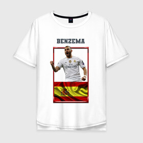 Мужская футболка хлопок Oversize с принтом Карим Бензема (Реал Мадрид) в Белгороде, 100% хлопок | свободный крой, круглый ворот, “спинка” длиннее передней части | karim benzema | карим бензема | реал мадрид | флаг испании | футболист | футбольная форма