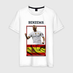Мужская футболка хлопок с принтом Карим Бензема (Реал Мадрид) в Белгороде, 100% хлопок | прямой крой, круглый вырез горловины, длина до линии бедер, слегка спущенное плечо. | karim benzema | карим бензема | реал мадрид | флаг испании | футболист | футбольная форма