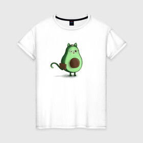 Женская футболка хлопок с принтом Авокадо кот идет на работу в Белгороде, 100% хлопок | прямой крой, круглый вырез горловины, длина до линии бедер, слегка спущенное плечо | avocado | cat | авокадо | кот | рисунок
