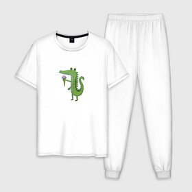 Мужская пижама хлопок с принтом Крокодильчик с мороженным в Белгороде, 100% хлопок | брюки и футболка прямого кроя, без карманов, на брюках мягкая резинка на поясе и по низу штанин
 | детский | крокодил | крокодильчик | лето | мультфильм | персонаж