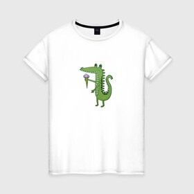 Женская футболка хлопок с принтом Крокодильчик с мороженным в Белгороде, 100% хлопок | прямой крой, круглый вырез горловины, длина до линии бедер, слегка спущенное плечо | детский | крокодил | крокодильчик | лето | мультфильм | персонаж