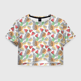 Женская футболка Crop-top 3D с принтом Фруктовый принт в Белгороде, 100% полиэстер | круглая горловина, длина футболки до линии талии, рукава с отворотами | ананас | апельсин | арбуз | летний принт | лимон | фруктовый набор | фрукты