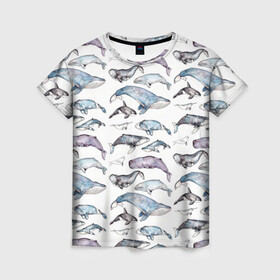 Женская футболка 3D с принтом киты паттерн в Белгороде, 100% полиэфир ( синтетическое хлопкоподобное полотно) | прямой крой, круглый вырез горловины, длина до линии бедер | ocean | sea | sea animal | акварель | графика | касатка | киты | море | океан | рисунок кита