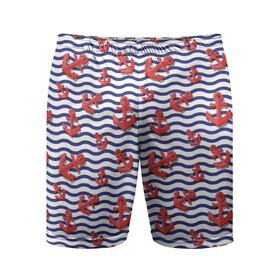 Мужские шорты спортивные с принтом Красные якоря в Белгороде,  |  | волны | красные | море | паттерны | тельняшка | якоря
