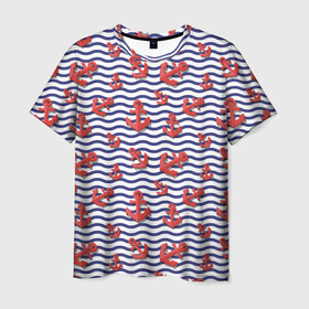Мужская футболка 3D с принтом Красные якоря в Белгороде, 100% полиэфир | прямой крой, круглый вырез горловины, длина до линии бедер | Тематика изображения на принте: волны | красные | море | паттерны | тельняшка | якоря