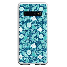 Чехол для Samsung Galaxy S10 с принтом Скаты и медузы в Белгороде, Силикон | Область печати: задняя сторона чехла, без боковых панелей | водоросли | медузы | море | паттерны | ракушки | рыбы | электрический скат