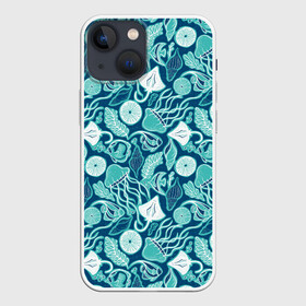 Чехол для iPhone 13 mini с принтом Скаты и медузы в Белгороде,  |  | водоросли | медузы | море | паттерны | ракушки | рыбы | электрический скат