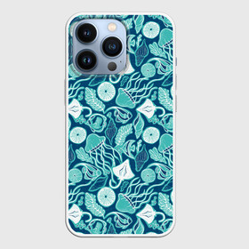 Чехол для iPhone 13 Pro с принтом Скаты и медузы в Белгороде,  |  | водоросли | медузы | море | паттерны | ракушки | рыбы | электрический скат