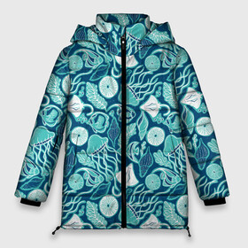 Женская зимняя куртка Oversize с принтом Скаты и медузы в Белгороде, верх — 100% полиэстер; подкладка — 100% полиэстер; утеплитель — 100% полиэстер | длина ниже бедра, силуэт Оверсайз. Есть воротник-стойка, отстегивающийся капюшон и ветрозащитная планка. 

Боковые карманы с листочкой на кнопках и внутренний карман на молнии | водоросли | медузы | море | паттерны | ракушки | рыбы | электрический скат