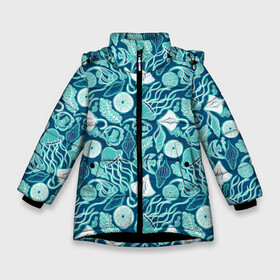 Зимняя куртка для девочек 3D с принтом Скаты и медузы в Белгороде, ткань верха — 100% полиэстер; подклад — 100% полиэстер, утеплитель — 100% полиэстер. | длина ниже бедра, удлиненная спинка, воротник стойка и отстегивающийся капюшон. Есть боковые карманы с листочкой на кнопках, утяжки по низу изделия и внутренний карман на молнии. 

Предусмотрены светоотражающий принт на спинке, радужный светоотражающий элемент на пуллере молнии и на резинке для утяжки. | Тематика изображения на принте: водоросли | медузы | море | паттерны | ракушки | рыбы | электрический скат