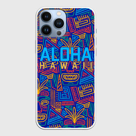 Чехол для iPhone 13 Pro Max с принтом ALOHA HAWAII | АЛОХА ГАВАЙИ в Белгороде,  |  | aloha | aloha hawaii | hawaii | гаваи | гавайи | гавайские маски | индийские маски | маска тики | маски | маски тики | надпись | пальмы | синий | тики