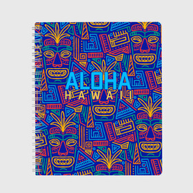 Тетрадь с принтом ALOHA HAWAII | АЛОХА ГАВАЙИ в Белгороде, 100% бумага | 48 листов, плотность листов — 60 г/м2, плотность картонной обложки — 250 г/м2. Листы скреплены сбоку удобной пружинной спиралью. Уголки страниц и обложки скругленные. Цвет линий — светло-серый
 | Тематика изображения на принте: aloha | aloha hawaii | hawaii | гаваи | гавайи | гавайские маски | индийские маски | маска тики | маски | маски тики | надпись | пальмы | синий | тики