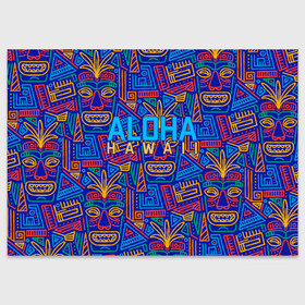 Поздравительная открытка с принтом ALOHA HAWAII | АЛОХА ГАВАЙИ в Белгороде, 100% бумага | плотность бумаги 280 г/м2, матовая, на обратной стороне линовка и место для марки
 | Тематика изображения на принте: aloha | aloha hawaii | hawaii | гаваи | гавайи | гавайские маски | индийские маски | маска тики | маски | маски тики | надпись | пальмы | синий | тики