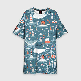 Детское платье 3D с принтом Море и его жители в Белгороде, 100% полиэстер | прямой силуэт, чуть расширенный к низу. Круглая горловина, на рукавах — воланы | Тематика изображения на принте: киты | кораллы | маяк | море | морская тема | морские символы | паттерн | чайка