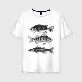 Женская футболка хлопок Oversize с принтом караси в Белгороде, 100% хлопок | свободный крой, круглый ворот, спущенный рукав, длина до линии бедер
 | Тематика изображения на принте: ocean | sea | sea animal | графика | карась | море | океан | река | рисунок рыбы | рыба | рыбалка