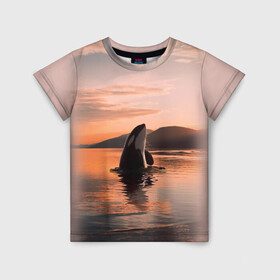 Детская футболка 3D с принтом касатки на закате в Белгороде, 100% гипоаллергенный полиэфир | прямой крой, круглый вырез горловины, длина до линии бедер, чуть спущенное плечо, ткань немного тянется | ocean | orca | sea | sea animal | дельфин | закат | касатка | кит | море | океан | рисунок кита