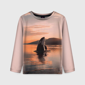 Детский лонгслив 3D с принтом касатки на закате в Белгороде, 100% полиэстер | длинные рукава, круглый вырез горловины, полуприлегающий силуэт
 | ocean | orca | sea | sea animal | дельфин | закат | касатка | кит | море | океан | рисунок кита