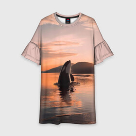 Детское платье 3D с принтом касатки на закате в Белгороде, 100% полиэстер | прямой силуэт, чуть расширенный к низу. Круглая горловина, на рукавах — воланы | Тематика изображения на принте: ocean | orca | sea | sea animal | дельфин | закат | касатка | кит | море | океан | рисунок кита