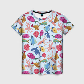 Женская футболка 3D с принтом Подводные существа в Белгороде, 100% полиэфир ( синтетическое хлопкоподобное полотно) | прямой крой, круглый вырез горловины, длина до линии бедер | дельфины | кальмары | морские животные | морские обитатели | осьминоги | ракушки | рыбы