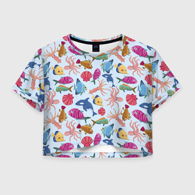 Женская футболка Crop-top 3D с принтом Подводные существа в Белгороде, 100% полиэстер | круглая горловина, длина футболки до линии талии, рукава с отворотами | дельфины | кальмары | морские животные | морские обитатели | осьминоги | ракушки | рыбы