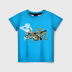 Детская футболка 3D с принтом Морская абстракция в Белгороде, 100% гипоаллергенный полиэфир | прямой крой, круглый вырез горловины, длина до линии бедер, чуть спущенное плечо, ткань немного тянется | девушка | дельфин | медуза | медузы | морские животные | морские обитатели | осьминог