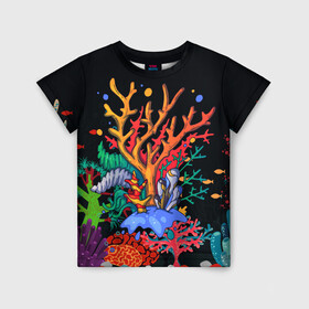 Детская футболка 3D с принтом Морской пейзаж в Белгороде, 100% гипоаллергенный полиэфир | прямой крой, круглый вырез горловины, длина до линии бедер, чуть спущенное плечо, ткань немного тянется | кораллы | море | морская тема | морские символы | морской пейзаж | ракушка | рыбы