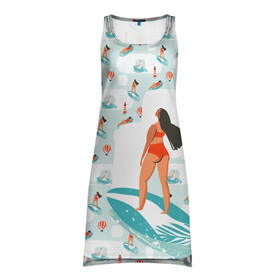 Платье-майка 3D с принтом Серфингистка в Белгороде, 100% полиэстер | полуприлегающий силуэт, широкие бретели, круглый вырез горловины, удлиненный подол сзади. | девушка | лето | море | паттерн | пляж | серфинг | серфингистка