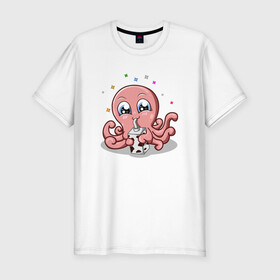 Мужская футболка хлопок Slim с принтом Милый Осьминог в Белгороде, 92% хлопок, 8% лайкра | приталенный силуэт, круглый вырез ворота, длина до линии бедра, короткий рукав | Тематика изображения на принте: cute | octopus | милый | осьминог | осьминожка | тентакли
