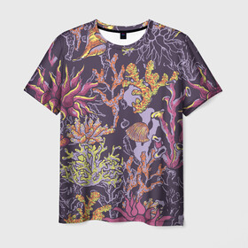 Мужская футболка 3D с принтом Кораллы в Белгороде, 100% полиэфир | прямой крой, круглый вырез горловины, длина до линии бедер | кораллы | море | морская тема | морские раковины | морские символы | ракушка | растения