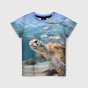 Детская футболка 3D с принтом Морская черепаха в Белгороде, 100% гипоаллергенный полиэфир | прямой крой, круглый вырез горловины, длина до линии бедер, чуть спущенное плечо, ткань немного тянется | Тематика изображения на принте: море | морская | океан | подводный мир | рыбы | черепаха