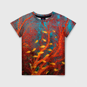 Детская футболка 3D с принтом Коралловые рыбки в Белгороде, 100% гипоаллергенный полиэфир | прямой крой, круглый вырез горловины, длина до линии бедер, чуть спущенное плечо, ткань немного тянется | Тематика изображения на принте: коралловые | море | океан | подводный мир | рифы | рыбки | рыбы