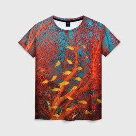 Женская футболка 3D с принтом Коралловые рыбки в Белгороде, 100% полиэфир ( синтетическое хлопкоподобное полотно) | прямой крой, круглый вырез горловины, длина до линии бедер | коралловые | море | океан | подводный мир | рифы | рыбки | рыбы
