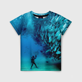 Детская футболка 3D с принтом Фото дайвинг в Белгороде, 100% гипоаллергенный полиэфир | прямой крой, круглый вырез горловины, длина до линии бедер, чуть спущенное плечо, ткань немного тянется | дайвер | косяк | море | океан | подводный мир | рыбки | рыбы | фото дайвинг