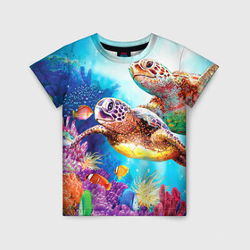 Детская футболка 3D с принтом Морские черепахи в Белгороде, 100% гипоаллергенный полиэфир | прямой крой, круглый вырез горловины, длина до линии бедер, чуть спущенное плечо, ткань немного тянется | коралловые | море | морские | океан | подводный мир | рифы | рыбки | рыбы | черепахи