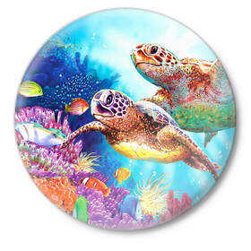 Значок с принтом Морские черепахи в Белгороде,  металл | круглая форма, металлическая застежка в виде булавки | коралловые | море | морские | океан | подводный мир | рифы | рыбки | рыбы | черепахи