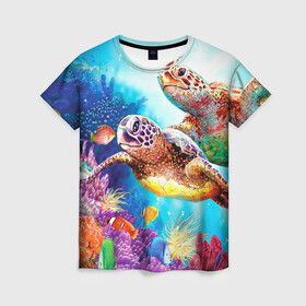 Женская футболка 3D с принтом Морские черепахи в Белгороде, 100% полиэфир ( синтетическое хлопкоподобное полотно) | прямой крой, круглый вырез горловины, длина до линии бедер | коралловые | море | морские | океан | подводный мир | рифы | рыбки | рыбы | черепахи
