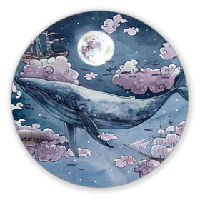 Коврик для мышки круглый с принтом Кит среди облаков в Белгороде, резина и полиэстер | круглая форма, изображение наносится на всю лицевую часть | кит | кит в облаках | луна | облака. корабль | рыбы